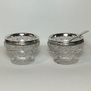 2 Antique Victorian pressed glass and sterling silver salt cellars with spoon